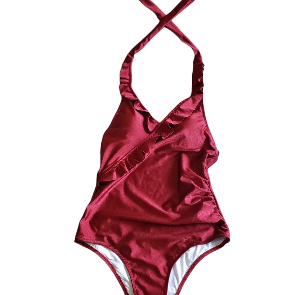 LADIES NWT CUPSHE RUFFLED ONE PIECE SWIMSUIT WITH TIE BELT SZ SMALL - Picture 2 of 15